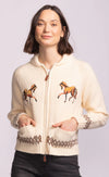 Close-up of Capella Sweater zip front with leather pull and pockets