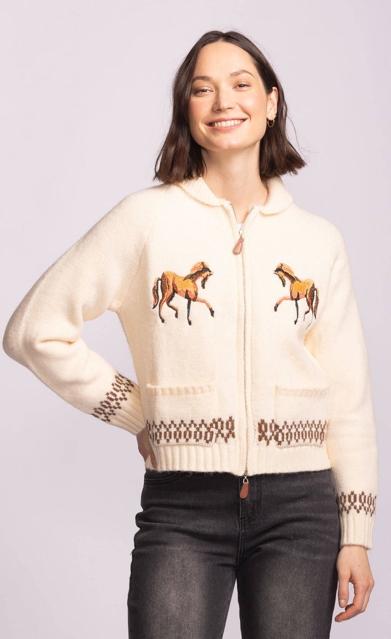 Pink Martini Capella Sweater in cream knit with horse embroidery, zip-up style – Lemonberry Aurora