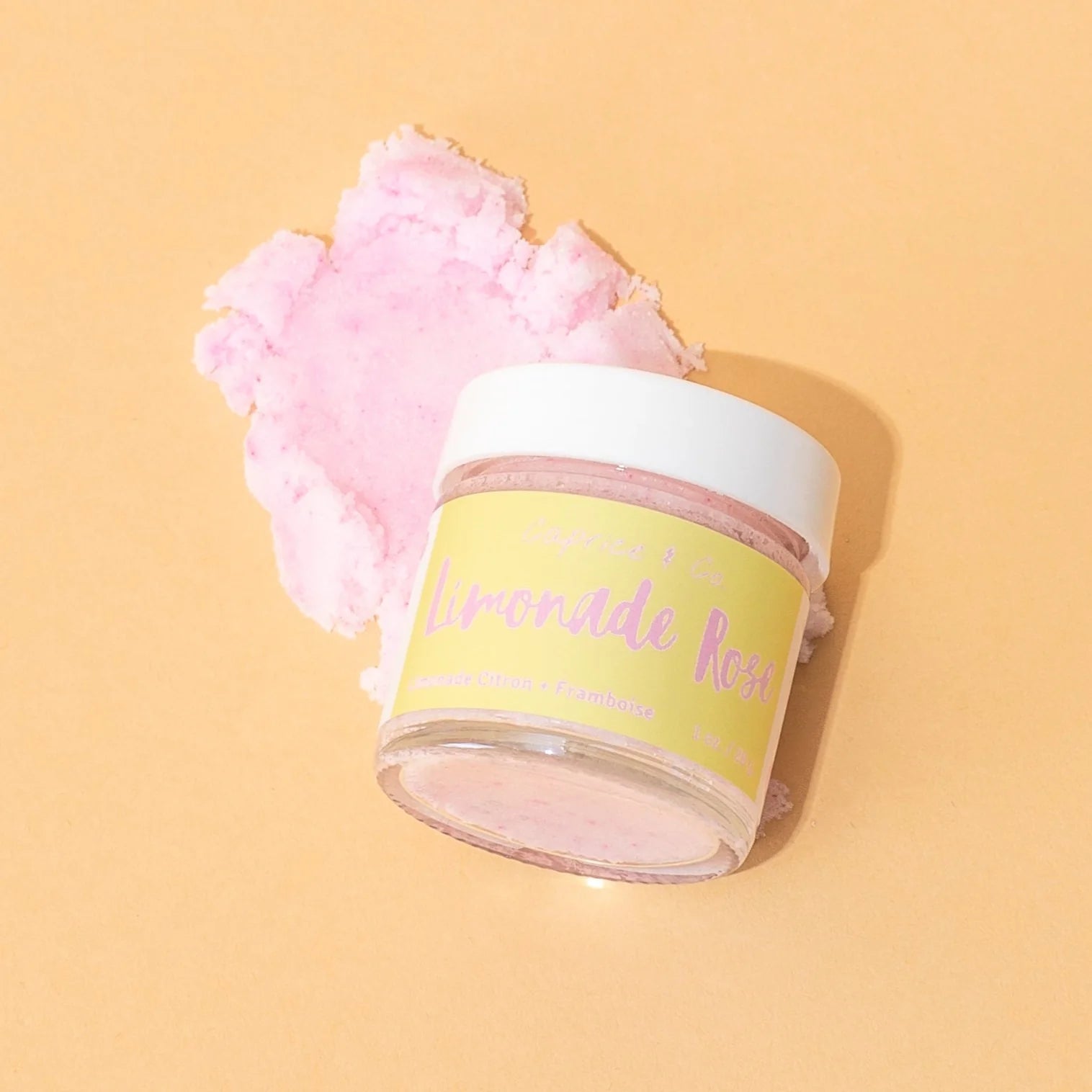 Closed jar of Caprice & Co Limonade Rose lip scrub showing soft pink sugar texture