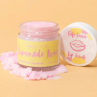 Open jar of Caprice & Co Limonade Rose lip scrub showing soft pink sugar texture