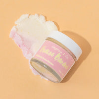 Closed jar of Caprice & Co Strawberry Banana lip scrub showing sugar exfoliating texture