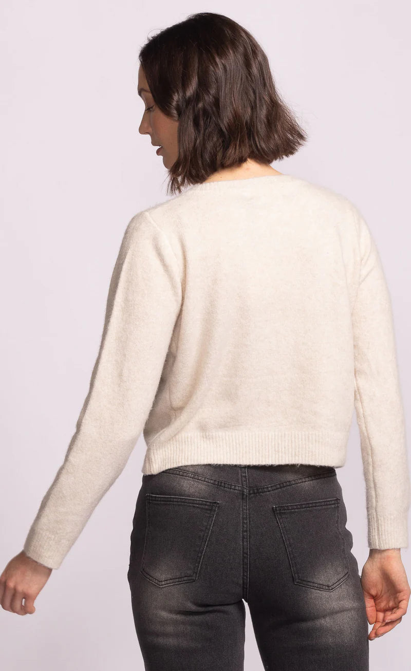 back view of Carmel Sweater beige knit cardigan – Lemonberry Aurora
