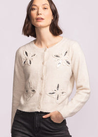 front view of Carmel Sweater in beige with sequin floral design – Lemonberry Aurora