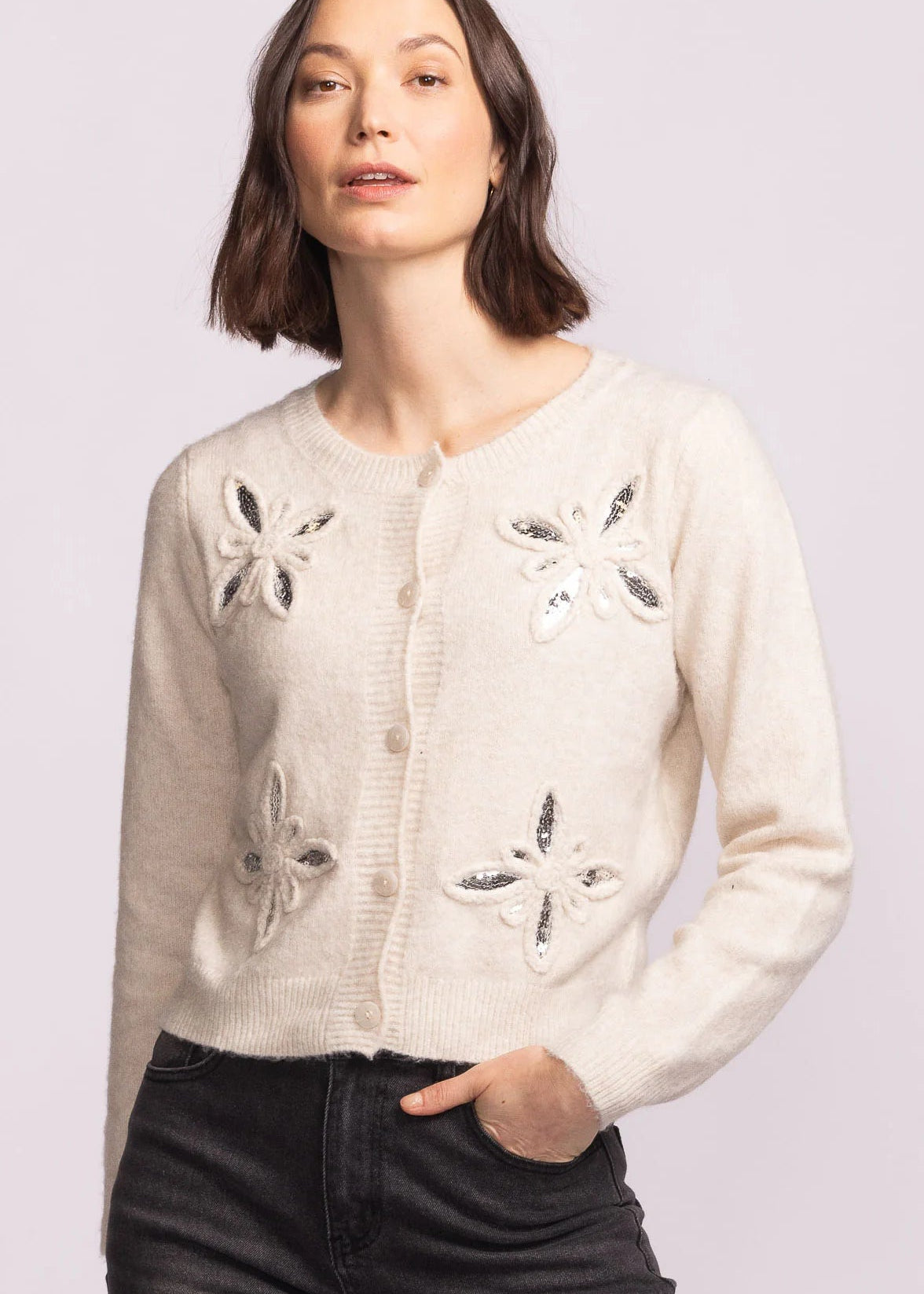 front view of Carmel Sweater in beige with sequin floral design – Lemonberry Aurora
