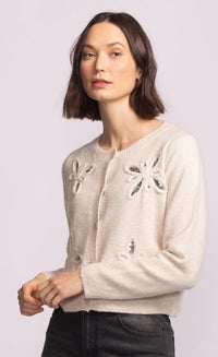 side angle of Carmel Sweater beige knit with sequins – Lemonberry Aurora