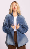 Front view of the Carter Jacket styled casually with relaxed sleeves and chest pockets