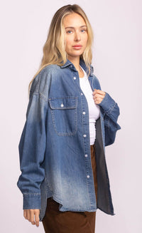 Pink Martini Carter Jacket in Denim Blue – oversized button-up shirt jacket styled open with ribbed tank and brown cord pants