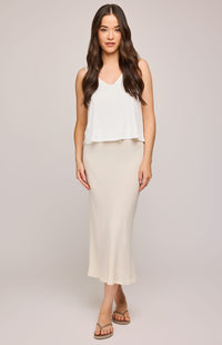 Cassia Skirt in Linen by Gentle Fawn – front view of flowy neutral skirt