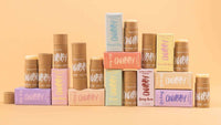 CHUBBY vegan lip balms in pastel boxes stacked display at Lemonberry