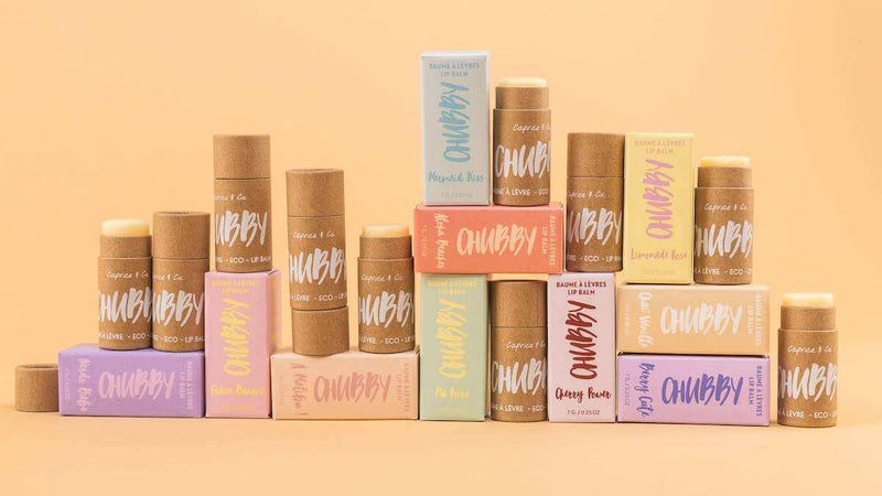 CHUBBY vegan lip balms in pastel boxes stacked display at Lemonberry