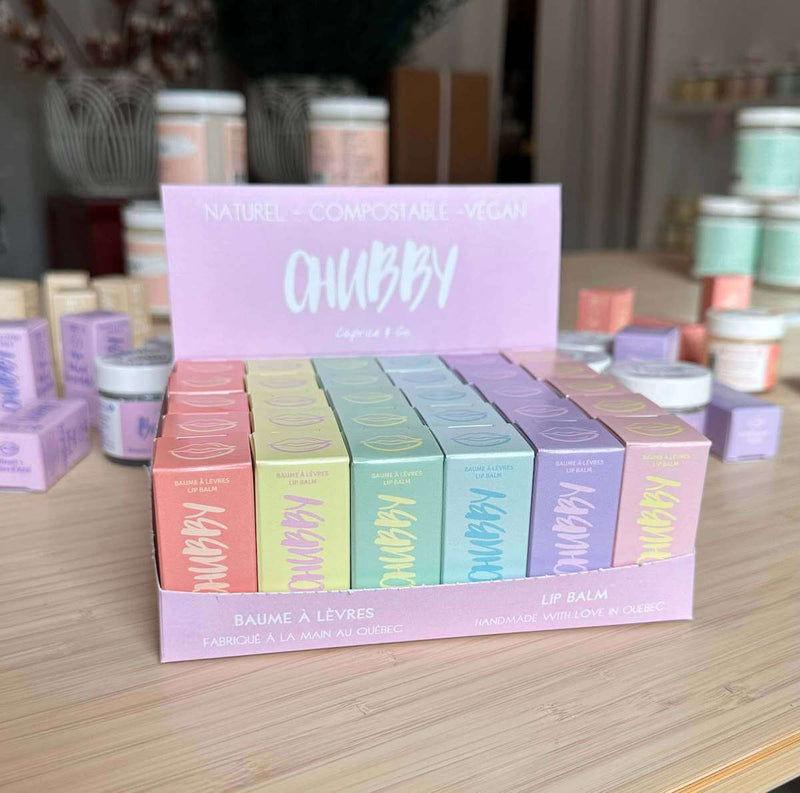 CHUBBY vegan lip balm display inside Lemonberry boutique