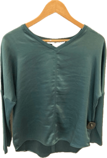 Green blouse on a wooden hanger against a white background inside Lemonberry