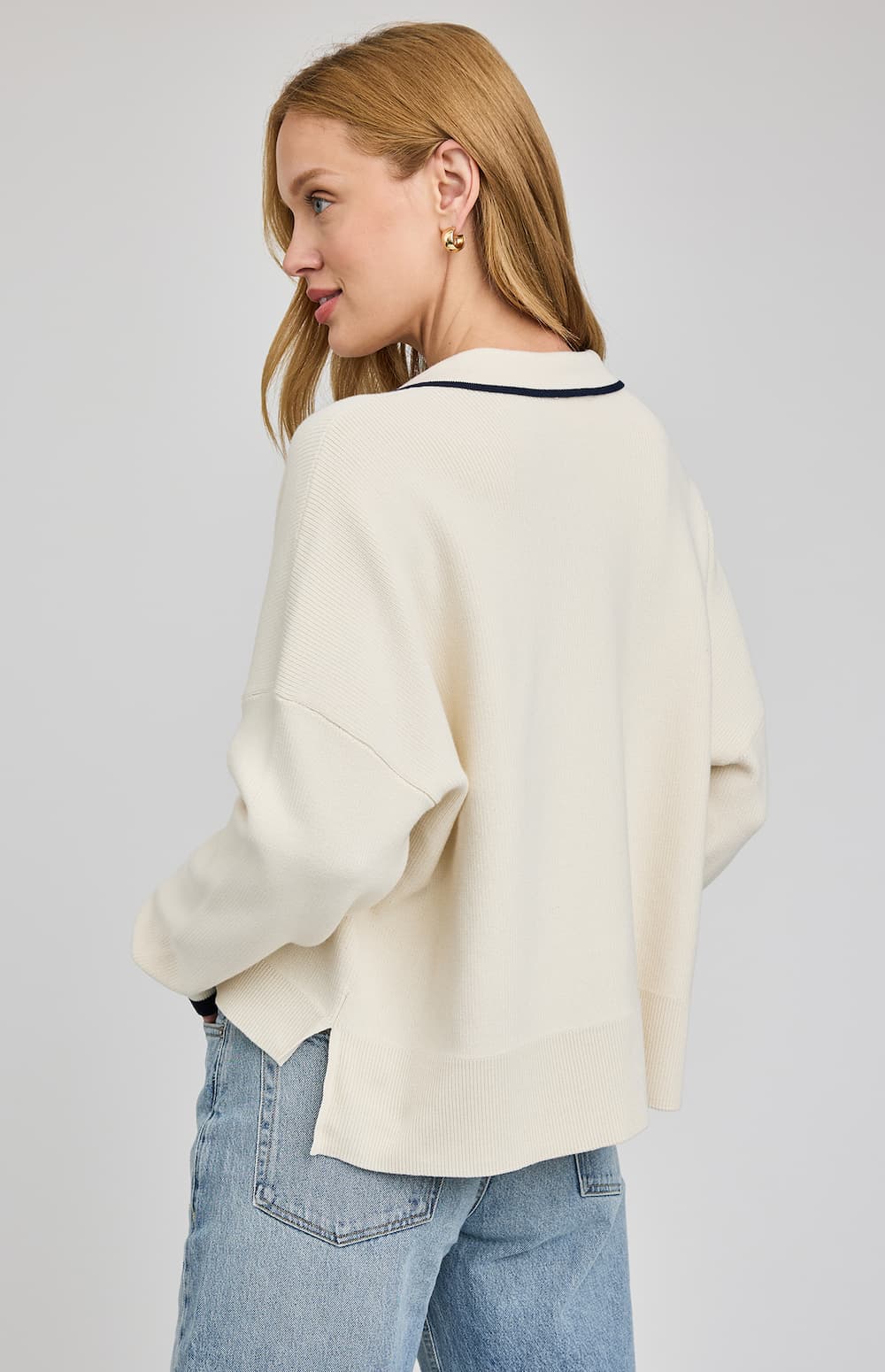 Women’s cream collared knit sweater with contrast trim, Gentle Fawn, back view — Lemonberry Aurora