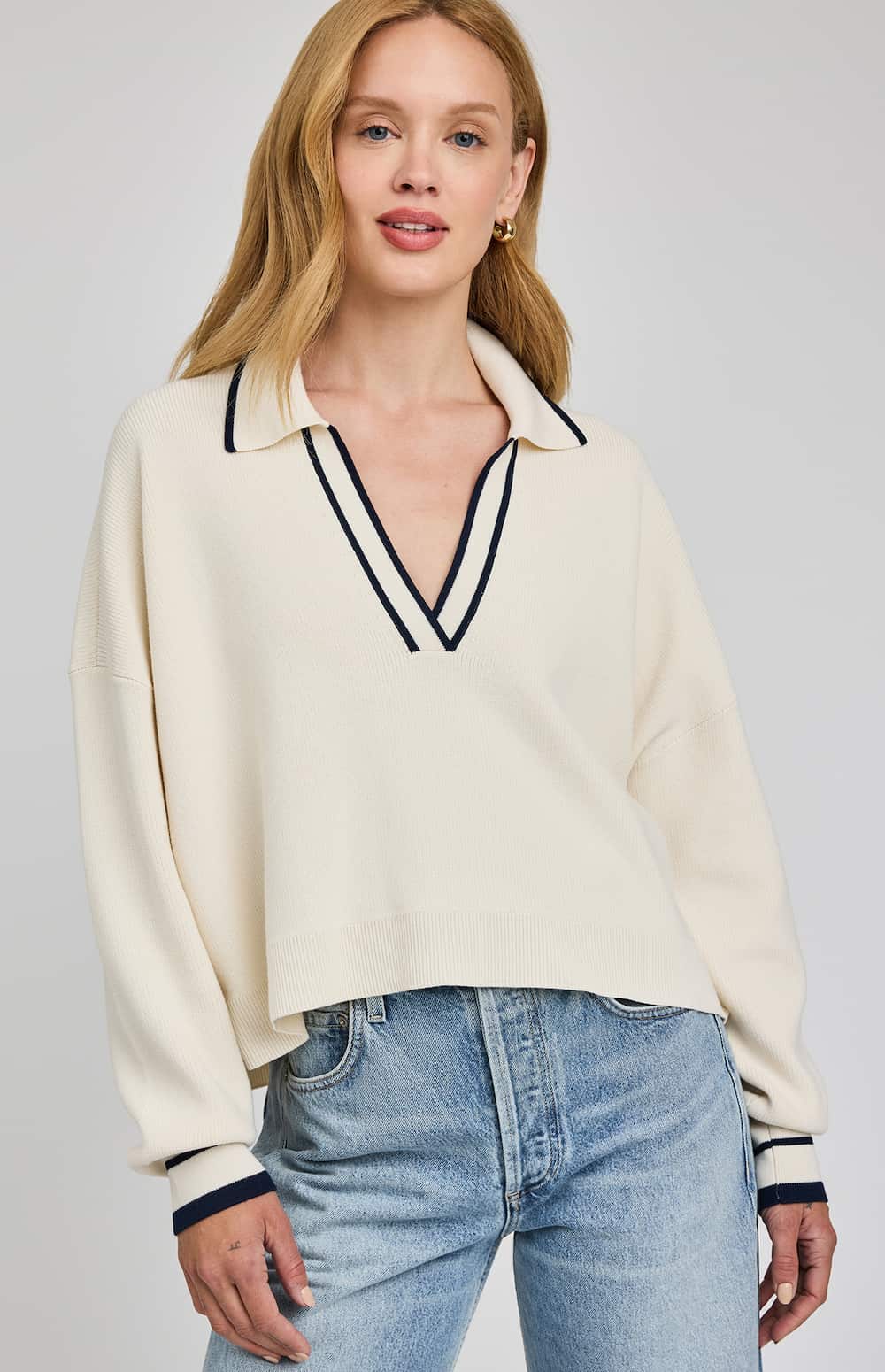 Women’s cream collared knit sweater with contrast trim, Gentle Fawn, detail view — Lemonberry Aurora