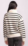 Back view of Pink Martini Corsica Sweater with horizontal black stripes.