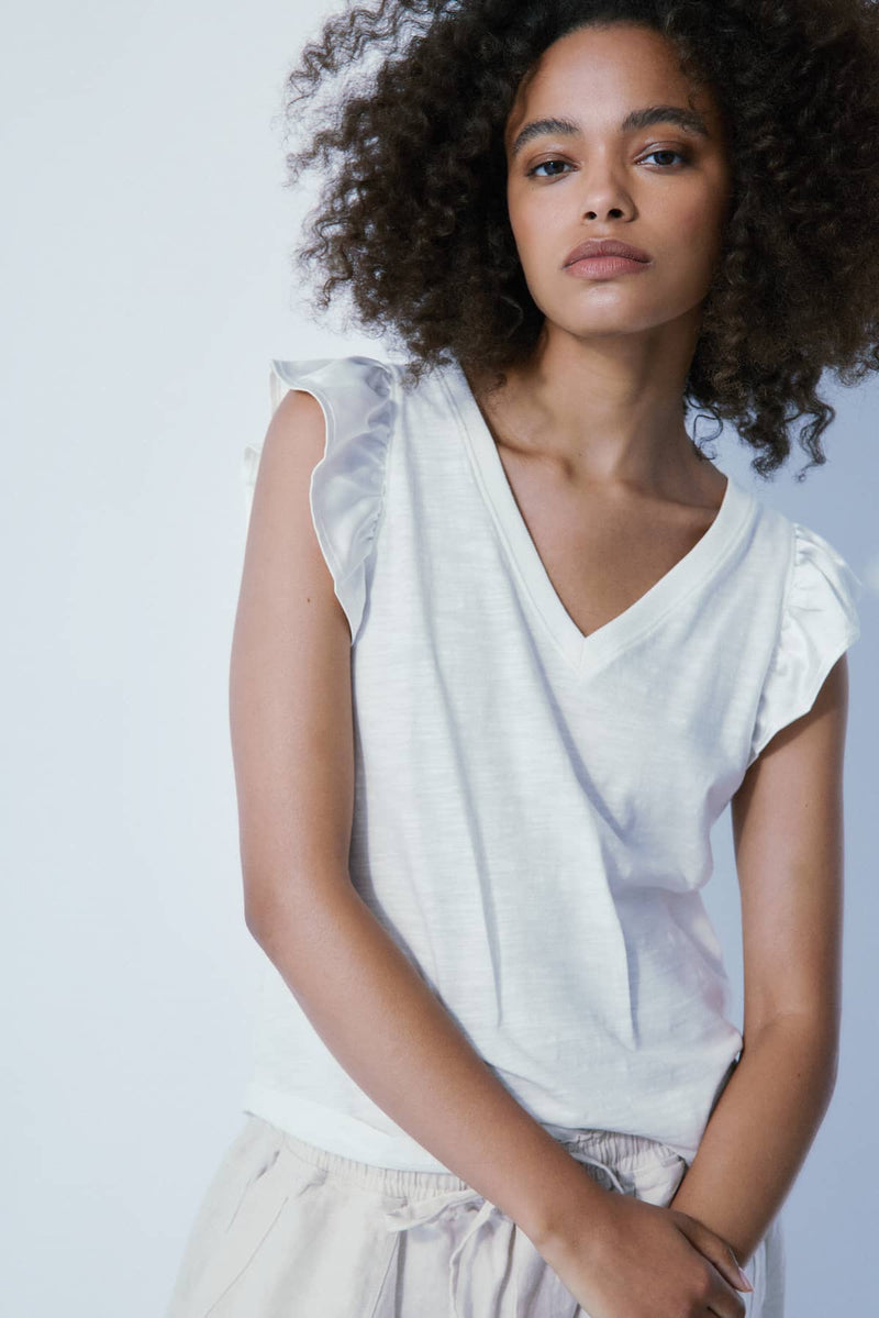 Women’s off white cotton blend tee with flutter sleeves, Melissa Nepton, front view — Lemonberry Aurora
