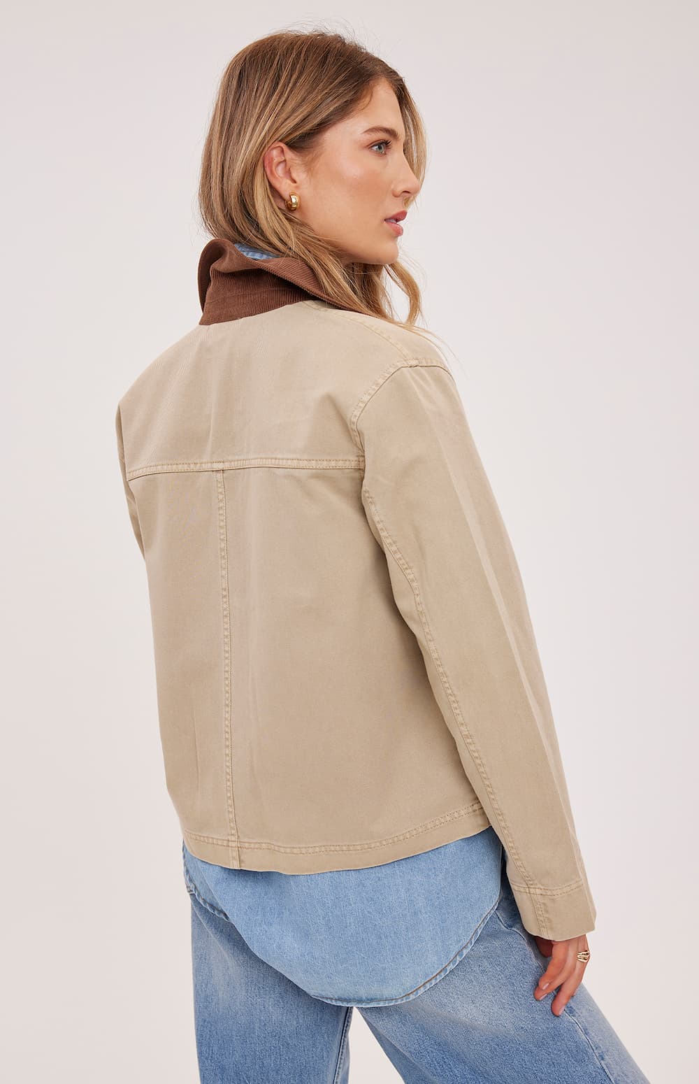 Women’s tan cotton twill jacket with corduroy collar, Gentle Fawn, back view — Lemonberry Aurora