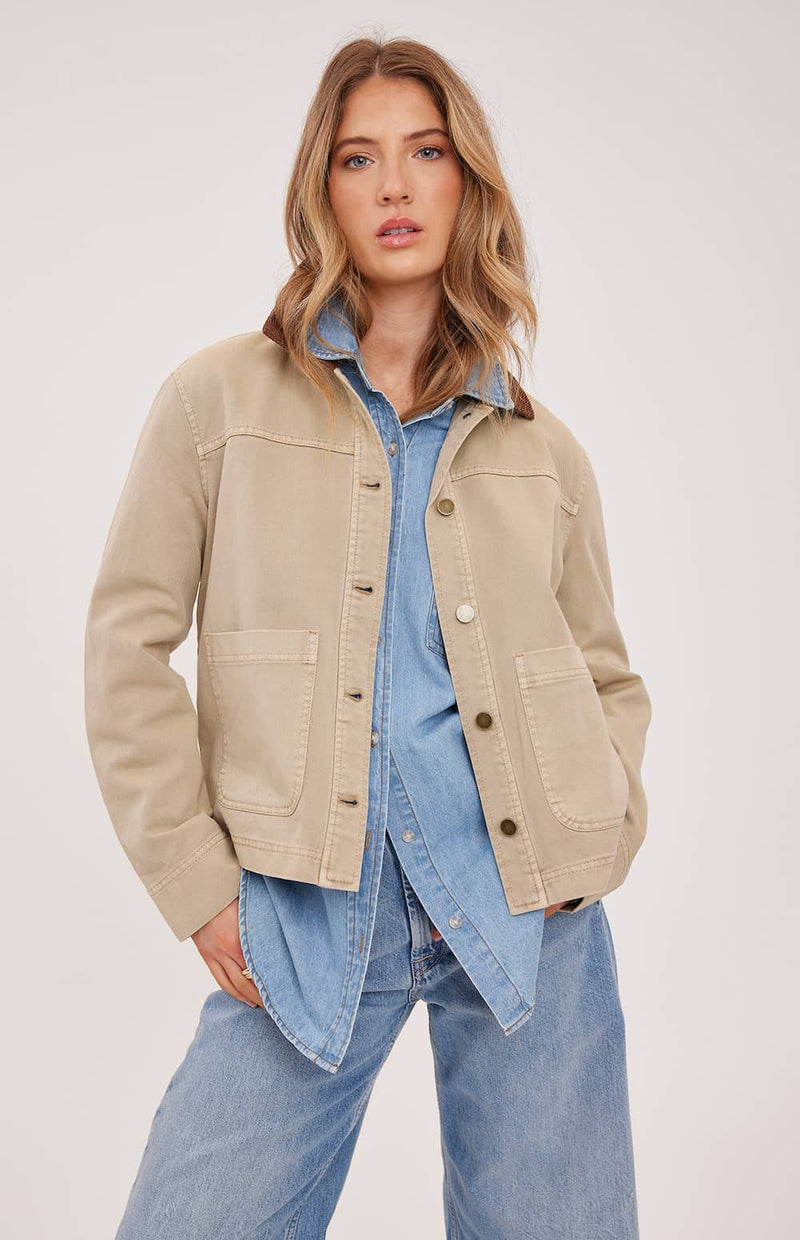 Tan cotton twill jacket patch pocket and button detail, Gentle Fawn — Lemonberry Aurora