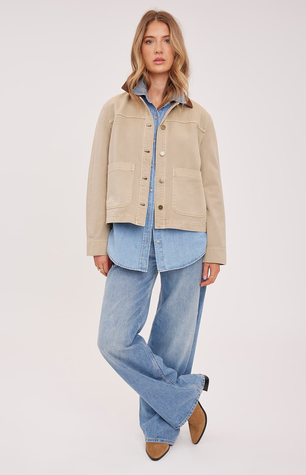 Women’s tan cotton twill jacket with corduroy collar, Gentle Fawn, front view — Lemonberry Aurora
