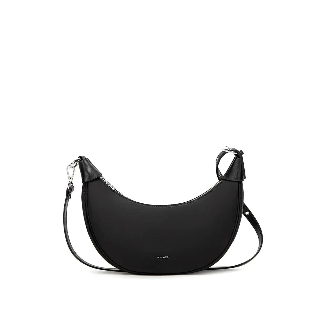 Pixie Mood Crescent Bag in black – minimalist vegan crossbody on white background.