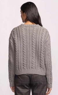 Grey cable knit sweater back view, Pink Martini — Lemonberry Aurora