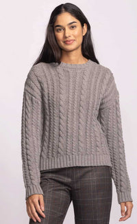 Grey cable knit crewneck sweater, Pink Martini, front view — Lemonberry Aurora
