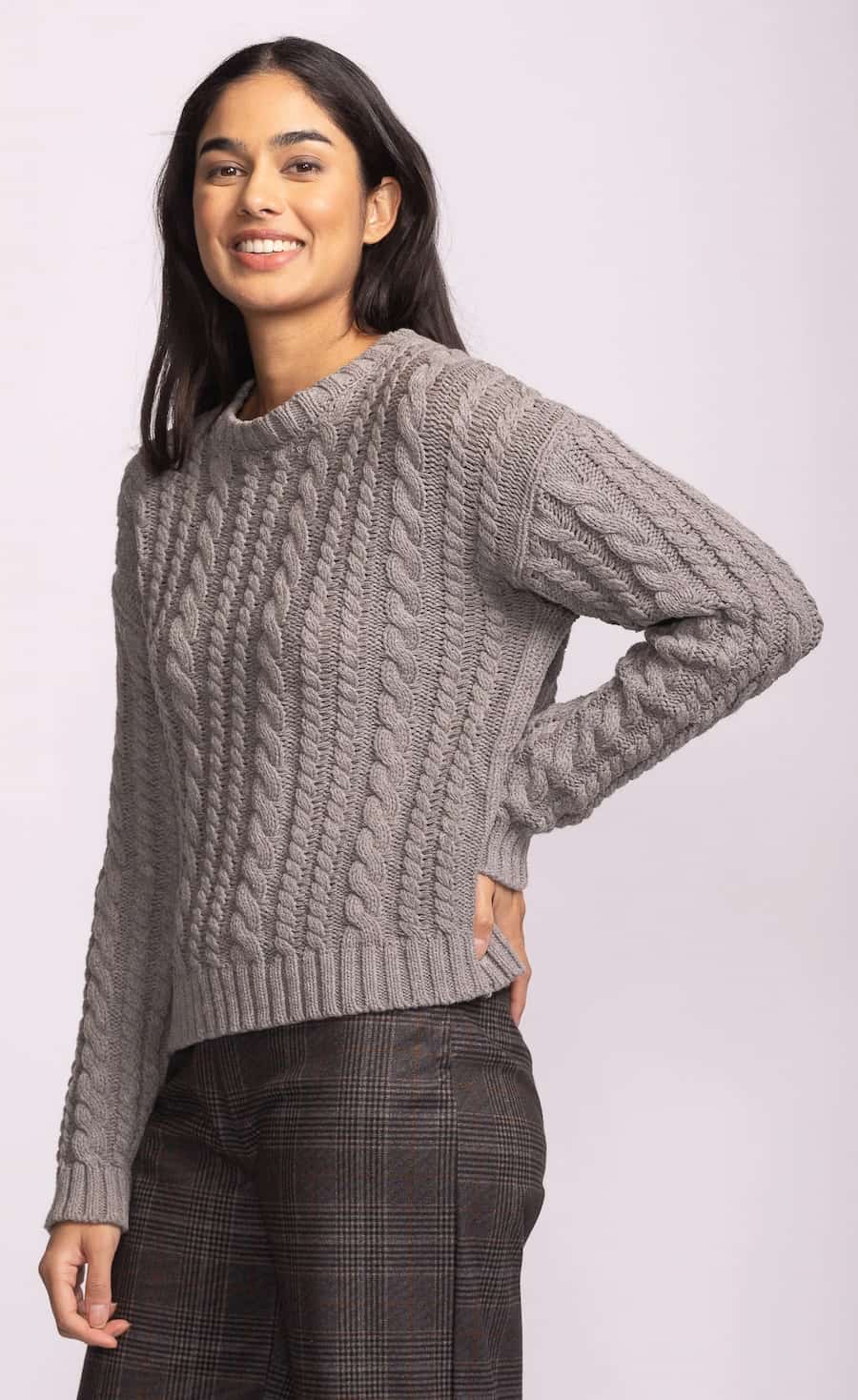 Grey cable knit sweater worn, Pink Martini — Lemonberry Aurora
