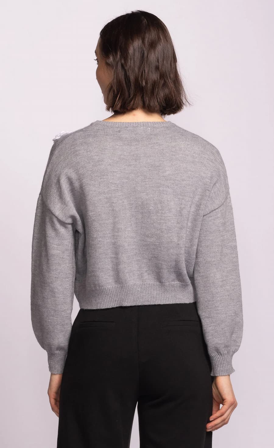 Grey cropped knit sweater with white floral appliqués, Pink Martini, back view — Lemonberry Aurora