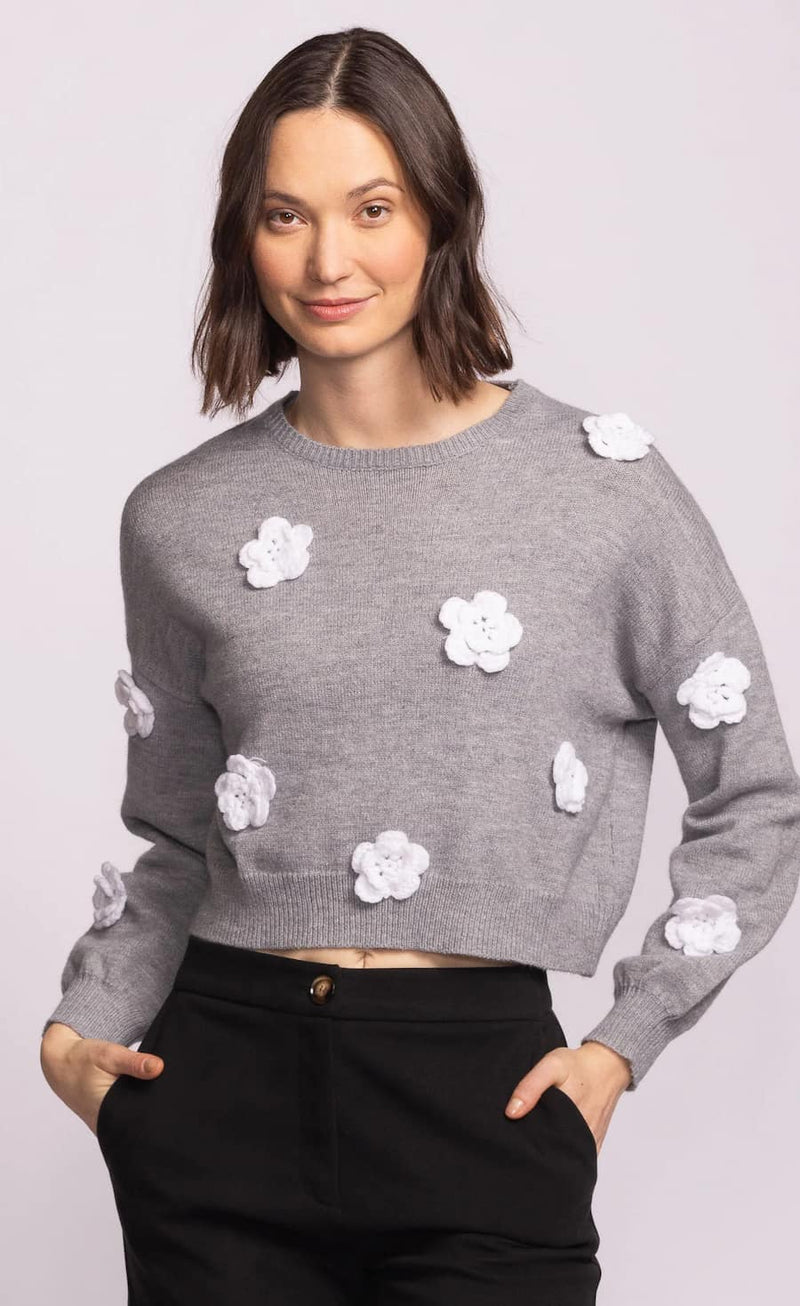 Grey cropped knit sweater with white floral appliqués, Pink Martini, front view — Lemonberry Aurora