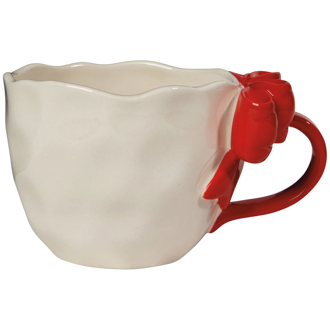 Side angle of cream stoneware Bowtique Mug showing curved rim
