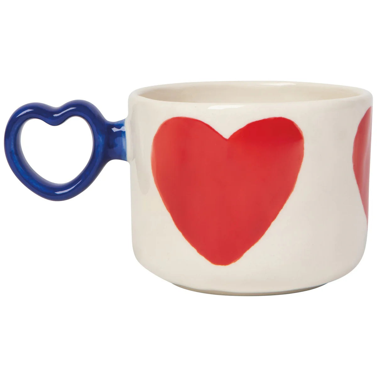 Danica I Heart You Mug 11oz stoneware with bold red heart and blue heart shaped handle left side view Lemonberry Aurora