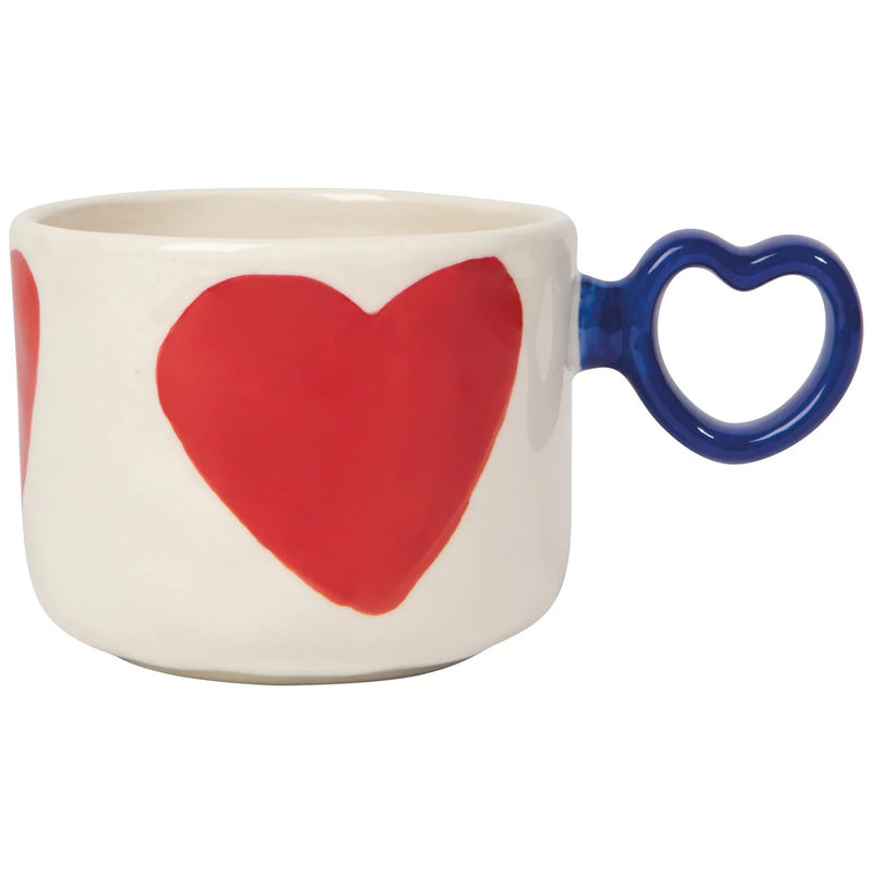 Danica I Heart You Mug 11oz stoneware with red heart motif and blue heart shaped handle right side view Lemonberry Aurora