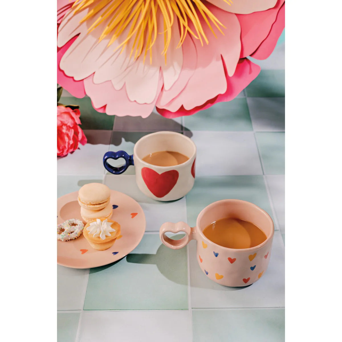 Danica I Heart You Mug stoneware 11oz with heart handle styled on table with coffee and treats Lemonberry Aurora