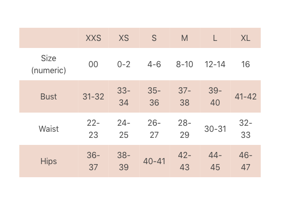 Size chart for the Danika Top – find your perfect fit.

