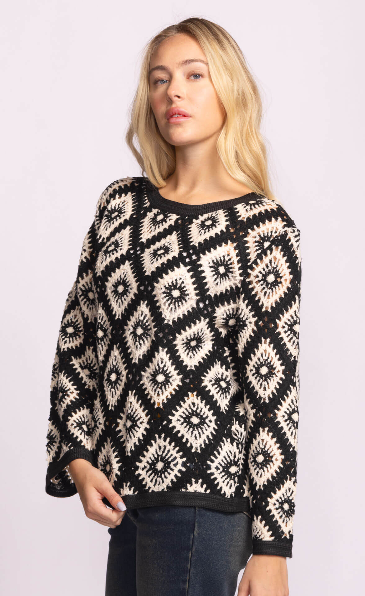 Side profile of Dina Sweater, cotton crochet pattern, relaxed fit