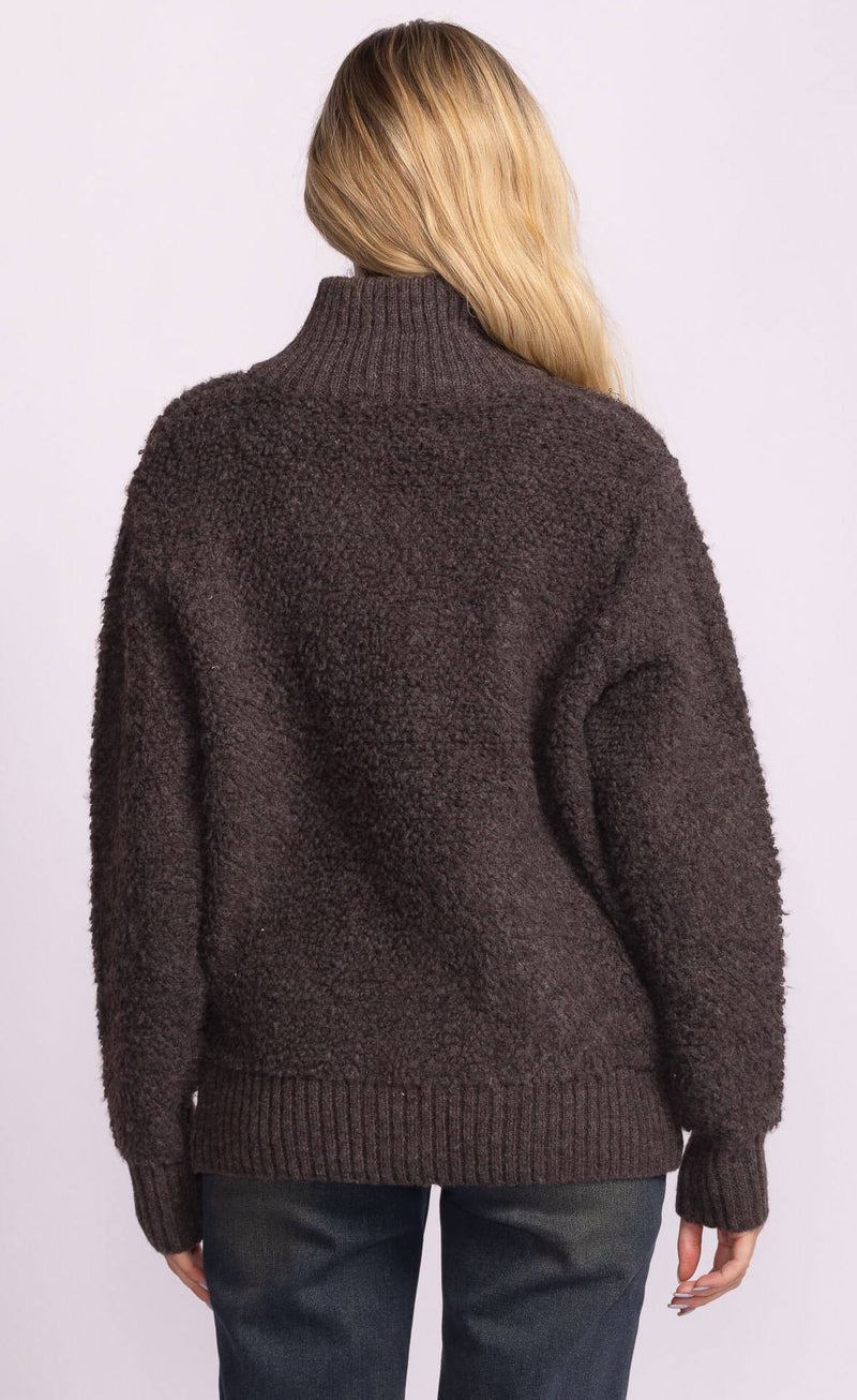Back view of Dolly Sweater in recycled knit fabric, dark grey.