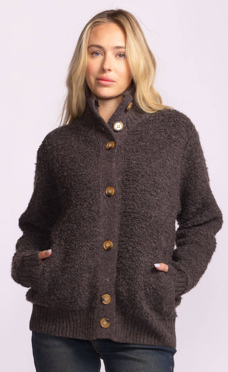 Front view of Pink Martini Dolly Sweater in dark grey, styled with jeans – available at Lemonberry Boutique.