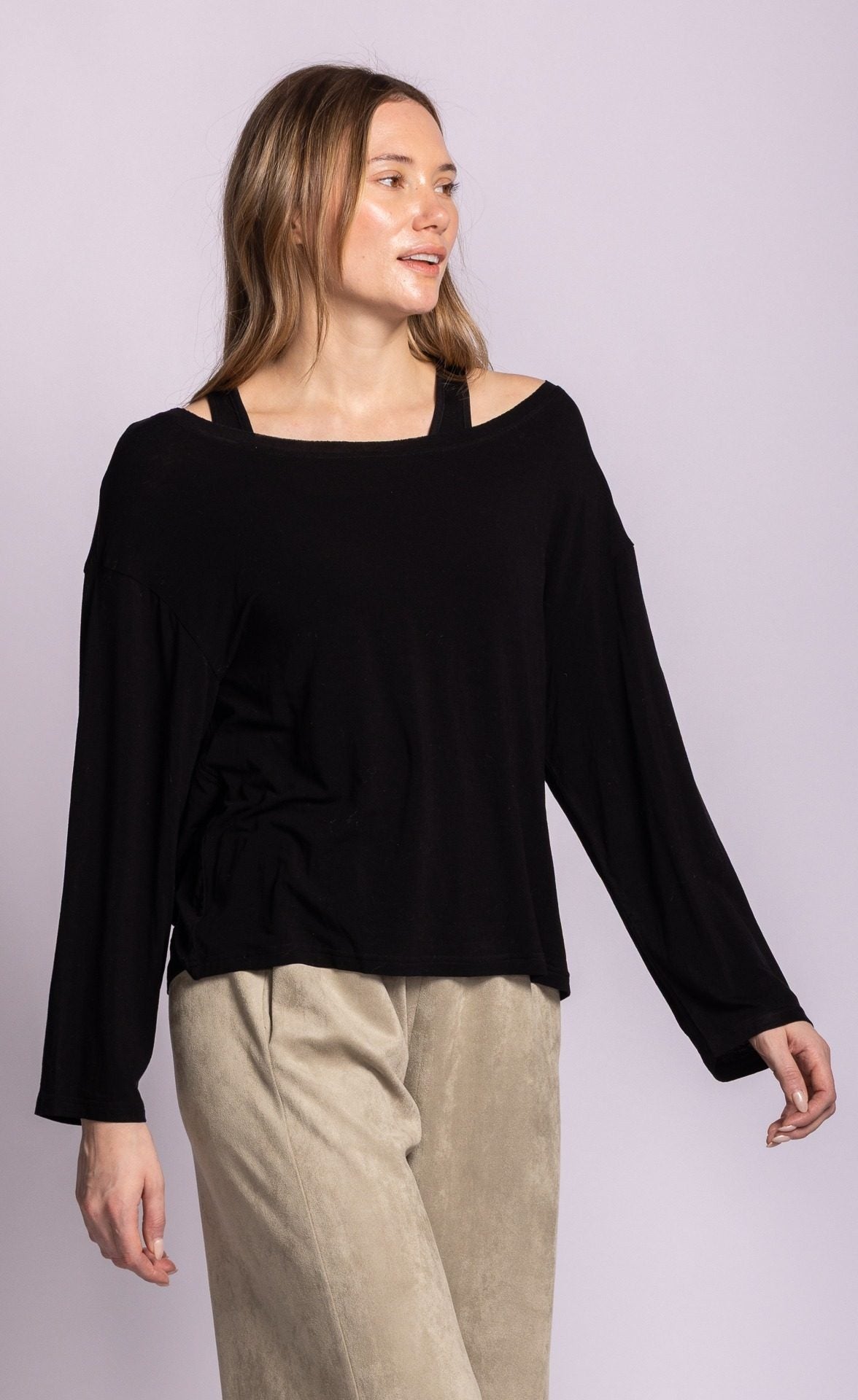 Pink Martini Dottie layered black top relaxed front view