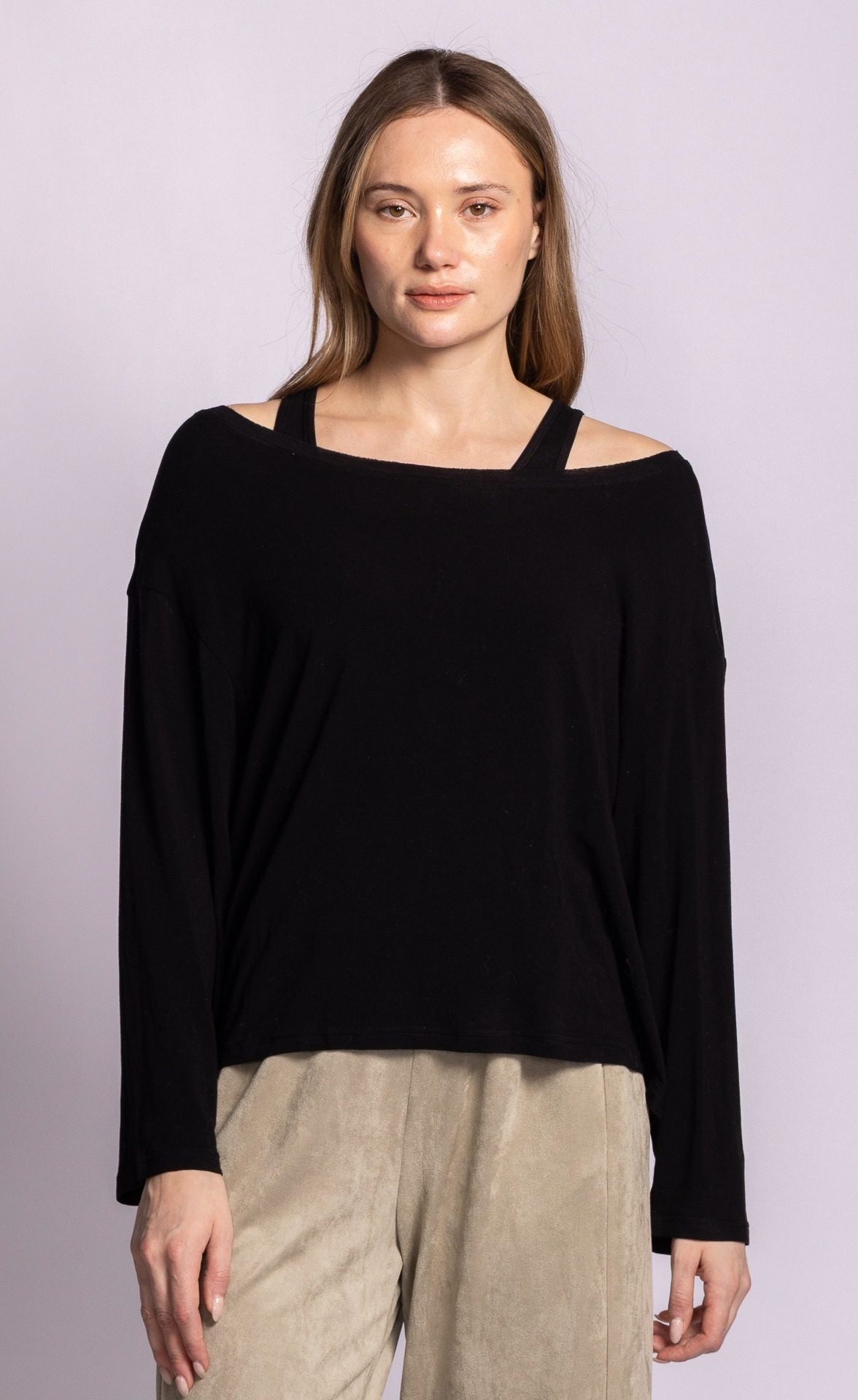 Pink Martini Dottie layered long-sleeve top in black front view