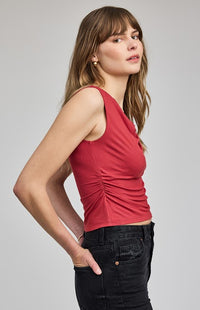 Garnet sleeveless draped top by Gentle Fawn, side view — Lemonberry Aurora