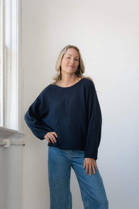 Echo Verde Eezee Crew sweater in Dark Navy front view showing the dolman sleeves at Lemonberry Aurora