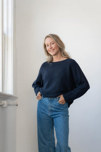 Echo Verde Eezee Crew sweater in Dark Navy front view showing the relaxed fit at Lemonberry Aurora