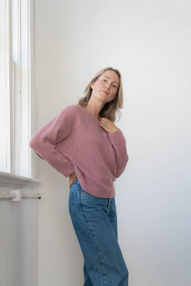 Echo Verde Eezee Crew sweater in Tea Rose side view showing the relaxed dolman fit at Lemonberry Aurora
