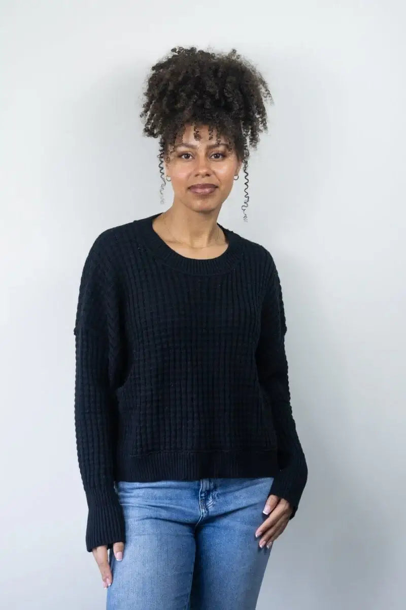 Front view of Echo Verde Sailing Sweater in Black, waffle knit and crew neckline, classic fit.