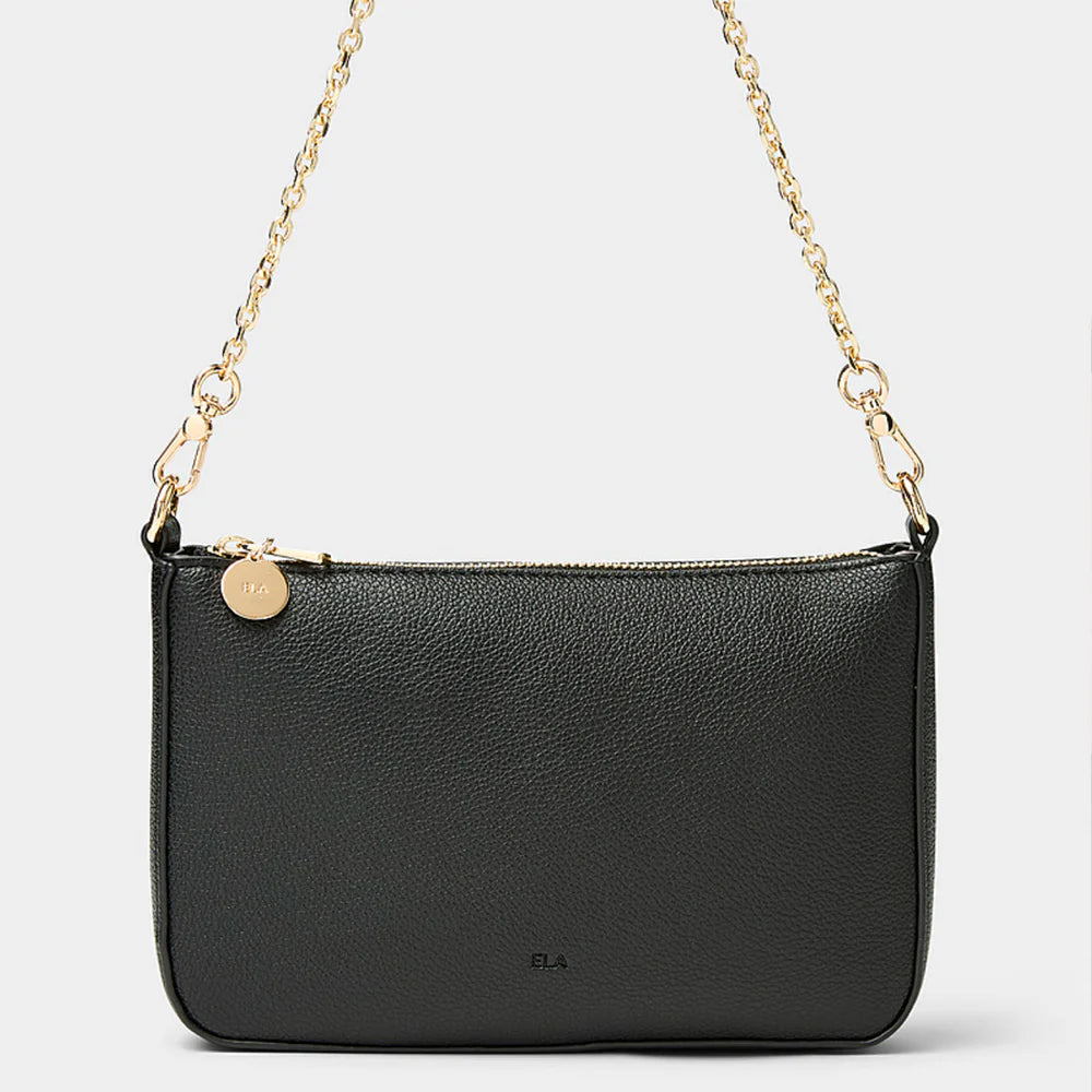 ELA Charlotte crossbody bag black pebble vegan leather front view Lemonberry Aurora