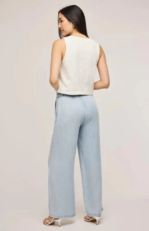 Back view of Elio Pants in sky blue Tencel – relaxed wide-leg fit by Gentle Fawn at Lemonberry.