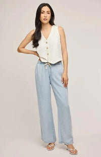 Elio Pants by Gentle Fawn – front view in soft Tencel, wide leg, Lemonberry Aurora.