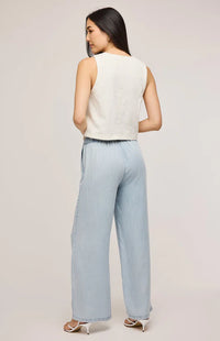 Back view of Elio Pants in sky blue Tencel – relaxed wide-leg fit by Gentle Fawn at Lemonberry.