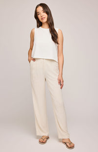 Model wearing wide leg Elliot Pants in neutral linen, front view — Gentle Fawn, available at Lemonberry in Aurora, Ontario
