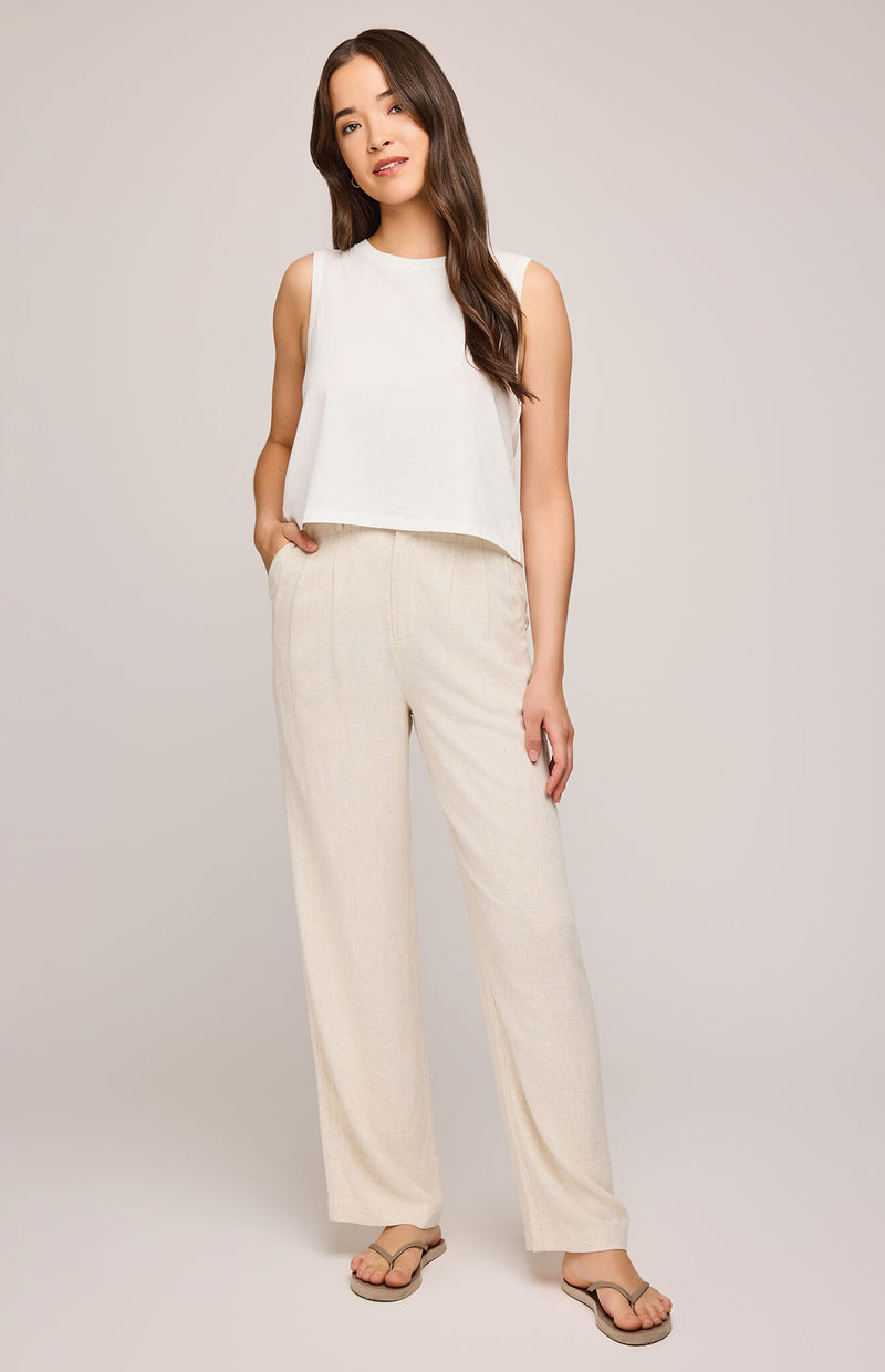 Model wearing wide leg Elliot Pants in neutral linen, front view — Gentle Fawn, available at Lemonberry in Aurora, Ontario